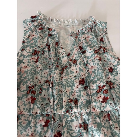 Unbranded Floral Tiered Sleeveless Top Green Burgundy Ruffle Neck Size M - Picture 7 of 7